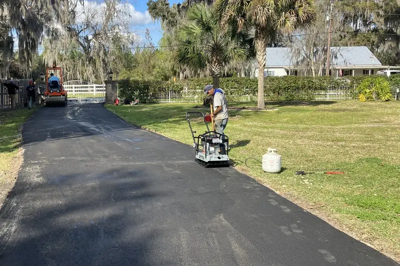 Fresh asphalt driveway under Spanish-moss live oaks and cabbage palms, with a worker compacting it